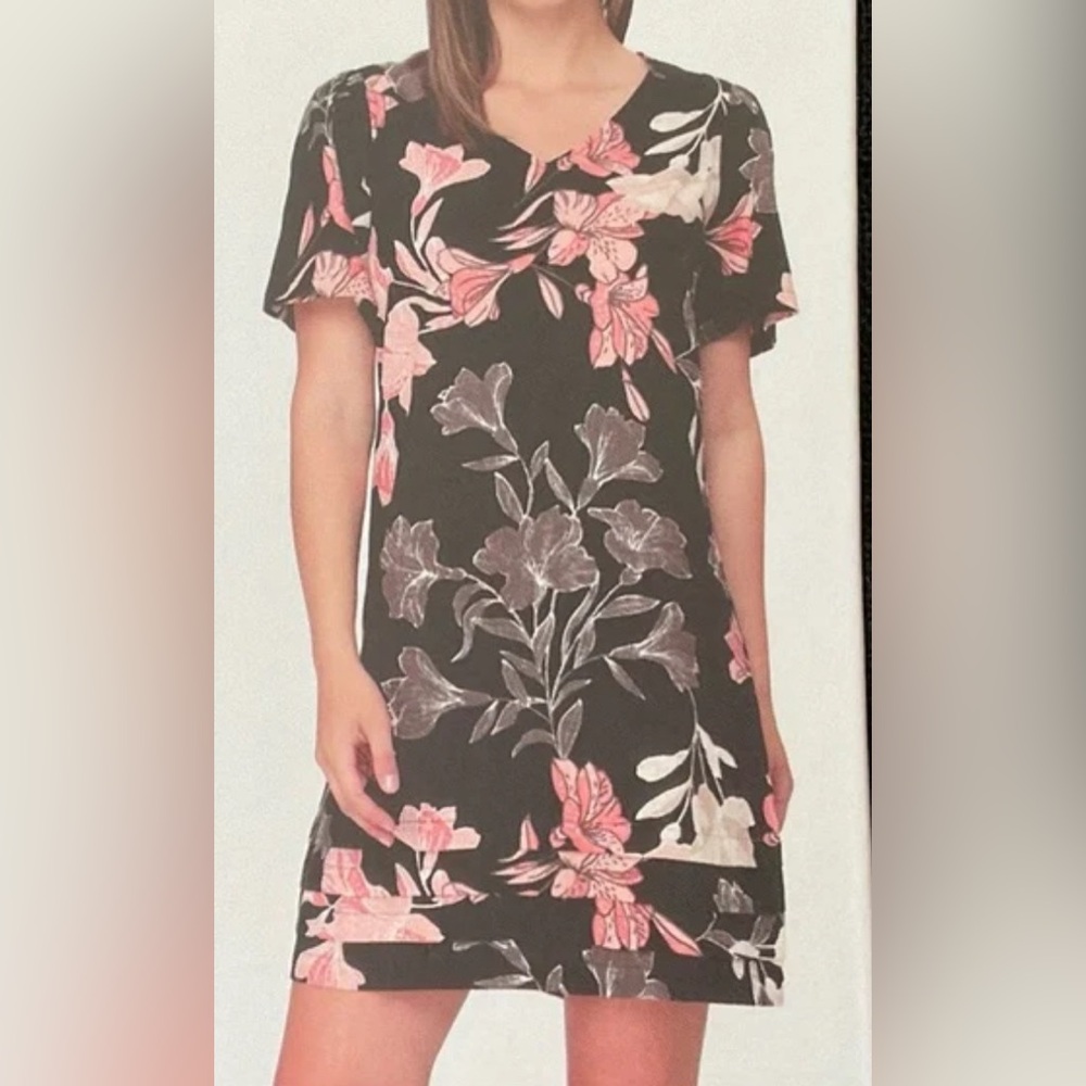 Nicole Miller Dress Womens Large Black and Floral Linen Short Sleeve